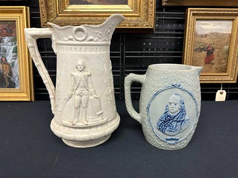 (2) pcs. Historical ceramics including parian 12" high parian pitcher with George Washington, George (1 of 8)