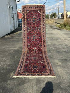 Antique wool handmade oriental runner, from fine estate storage, beautiful color and design, one: Antique wool handmade oriental runner, from fine estate storage, beautiful color and design, one spot off color as pictured. Measures 164" x 40.5". Has been stored in inside climate controlled storage