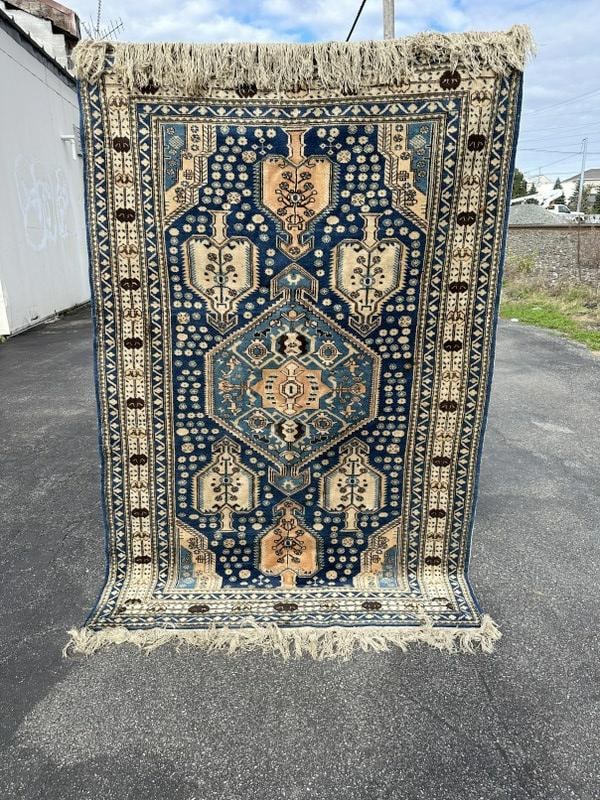 Handmade wool oriental scatter rug, from fine estates indoor storage facility, in storage for over (1 of 3)