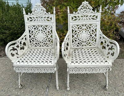 Pr. Victorian cast iron cemetary chairs made by PETER TIMMES SON BROOKLYN NY. In storage for over 20: Pr. Victorian cast iron cemetary chairs made by PETER TIMMES SON BROOKLYN NY. In storage for over 20 years, older shite paint ( one chair has small piece of side from off under the seat and a break on