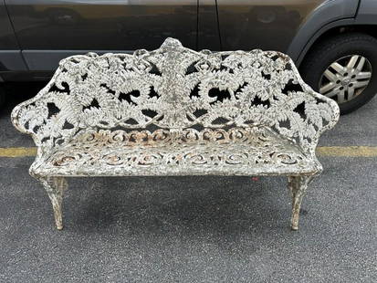 Victorian cast iron fern pattern bench in wonderful old crusted paint, from fine local estate, and: Victorian cast iron fern pattern bench in wonderful old crusted paint, from fine local estate, and in storage the last 20 years. Measures 59" wide x 21" deep x 34" high. Structurally sound. Good looki