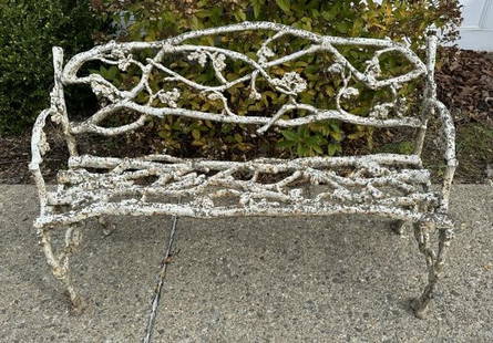 Victorian cast iron twig bench, from fine Hudson Valley estate, in storage last 20 years. Old: Victorian cast iron twig bench, from fine Hudson Valley estate, in storage last 20 years. Old cructed paint, structurally sound, measures 49" long x 18" deep x 31" high.