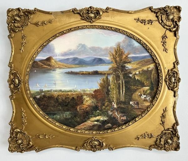 Unsigned o/c landscape with river in background, with people and cattle in foreground. Painting is (1 of 3)