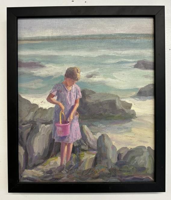 Circa 1930's o/b young girl at beach with sand pail, unsigned, in manner of Louise Kamp ( Hudson (1 of 3)