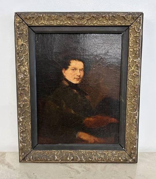 Early 19th c o/c of gentleman possibly holding a painting pallet, unsigned, possibly relined some (1 of 3)