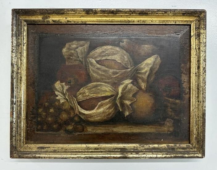 19th c o/ wood panel fruit still life in worn lemon gilt frame of the period. The panel measures 10" (1 of 3)