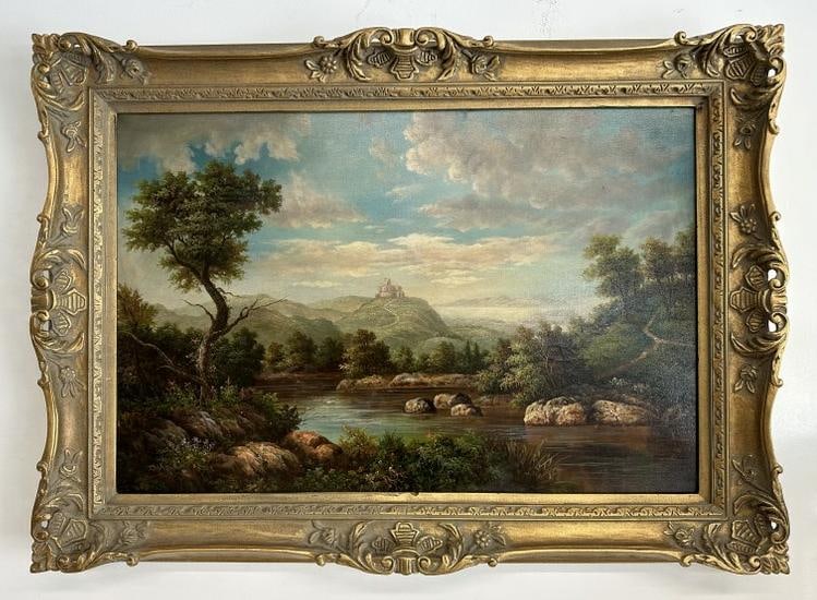 Contemporary decorative o/c landscape with castle on top of mountain and river in foreground. Signed (1 of 4)