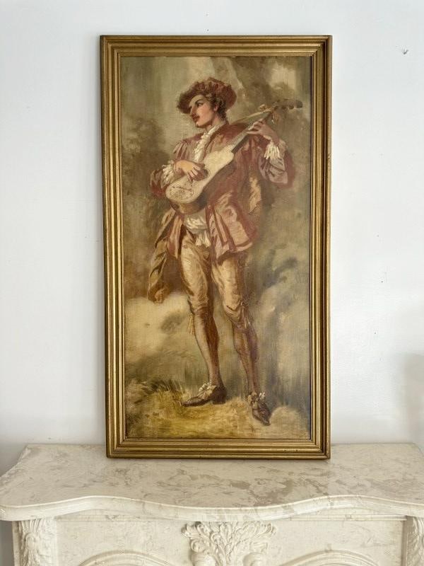 Circa 1920's o/c Continental gentleman playing guitar, unsigned, from Hudson Valley estate, with (1 of 3)