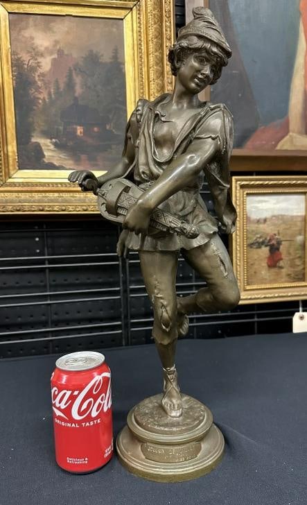 DEBUT bronze sculpture Hurdy Gurdy Player, signed on place on front is ( Joneur de Vielle par Debut (1 of 8)