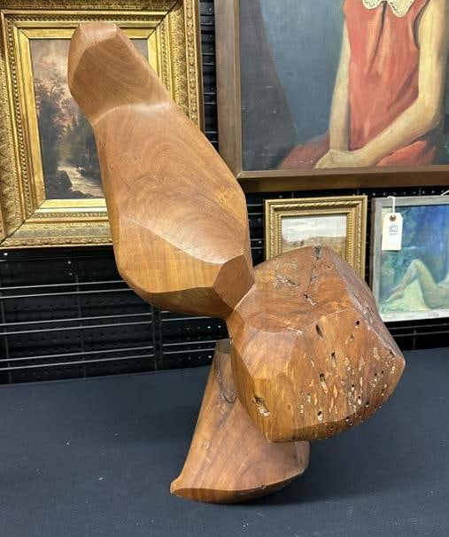 Abstract wood carved sculpture, signed ( JF 82 ), from fine estate in Kingston, N.Y. It measures 24" (1 of 7)