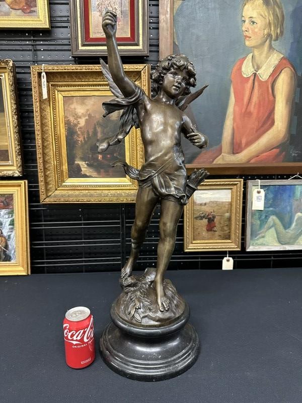 27 1/2" high bronze Cherub sculpture, after Moreau, on black marble base, in fine condition.  From (1 of 9)
