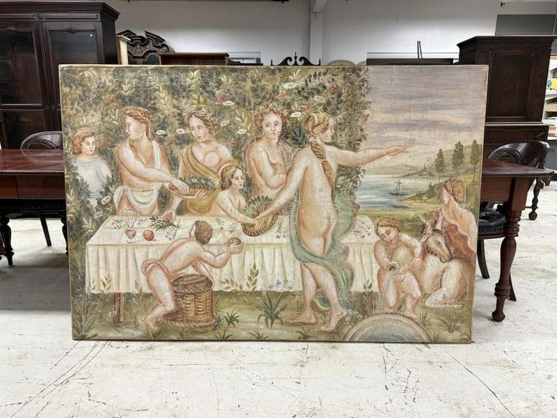 Large unsigned o/c of Maidens and children at table with fruits overlooking the river and boats (1 of 4)