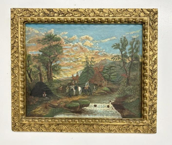 Primitive folkart o/c landscape with house and stream, with people in center, some on horses, and (1 of 3)