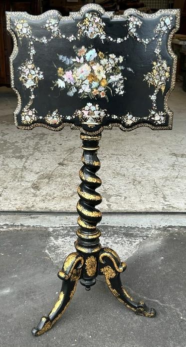 Wonderful 19th c Continental papier mache tilt top stand, with intricate mother of pearl inlaid top (1 of 10)