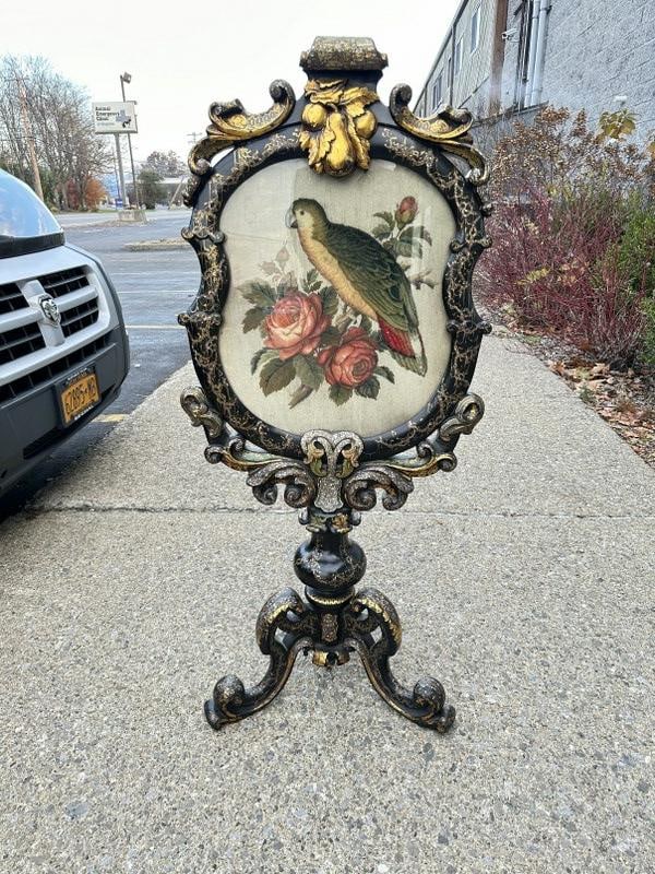 Fabulous 19th c English papier mache fire screen with needlpoint parrot on a branch of roses behinf (1 of 10)