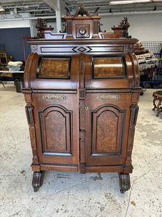 Victorian Walnut Wooten desk, in original finish ( from same estate as other one we are selling ),: Victorian Walnut Wooten desk, in original finish ( from same estate as other one we are selling ), beautiful backsplash, has no key, structurally sound. Has decorative green cubby hole drawer inserts.