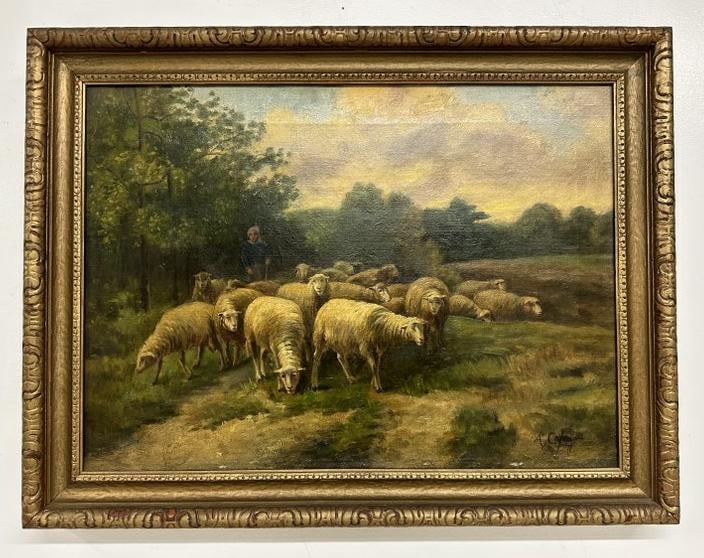 19th c o/c landscape with woman walking with herd of sheep, signed illegibly in lower right corner (1 of 4)