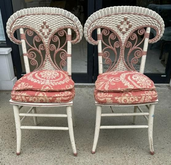 Wonderful pair of turn of circa 1920's wicker chairs, with caned seats intact, and custom cushions (1 of 4)