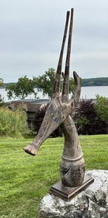 54" high African figural deer head mask, found in Hudson Valley estate, mounted on wood base, old: 54" high African figural deer head mask, found in Hudson Valley estate, mounted on wood base, old original paint…just as we found it.