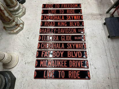 New stock ( 10 ) HARLEY DAVIDSON heavy gauge steel and enamel signs from ANDE ROONEY signs, they: New stock ( 10 ) HARLEY DAVIDSON heavy gauge steel and enamel signs from ANDE ROONEY signs, they measure 35 3/4" x 5 7/8". In excellent condition, except one with small enamel flaking.