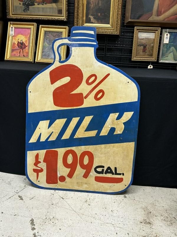 Circa 1960's hand painted wood MILK bottle sign, ( 2% MILK $1.99 GAL. ). From older General Store in (1 of 1)