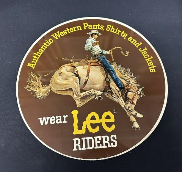 1970's LEE RIDERS  Authentic Western Pants, Shirts , and Jackets round metal double sided sign. Hung (1 of 3)
