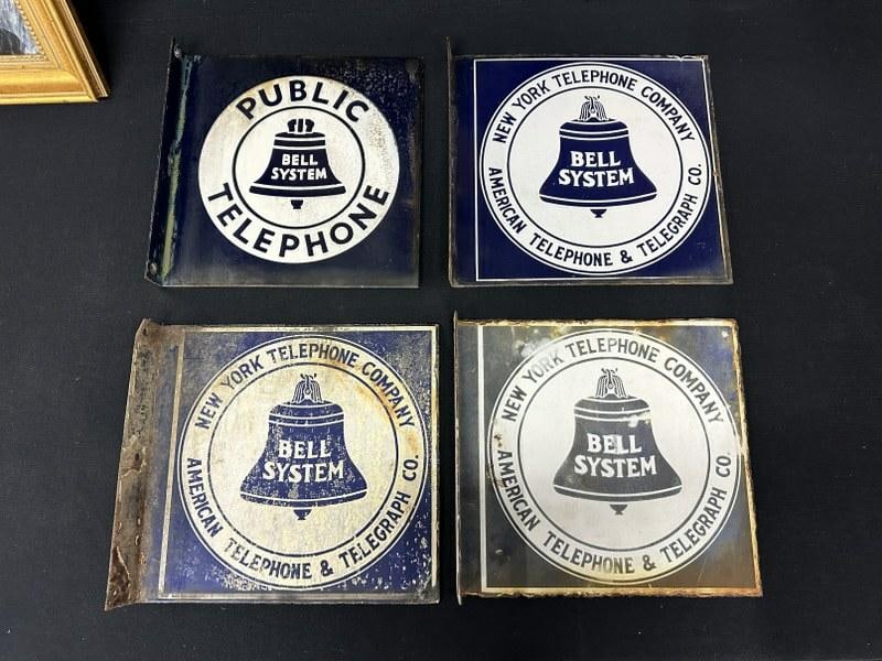 (4) old BELL SYSTEM TELEPHONE & TELEGRAPH enamel flange double sided signs. Just as we found them, (1 of 2)