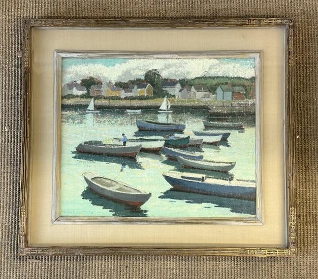 Emma Fordyce MacRae ( 1887-1974 ) o/c laid on board fishing boats on the water, sailboats in (1 of 5)