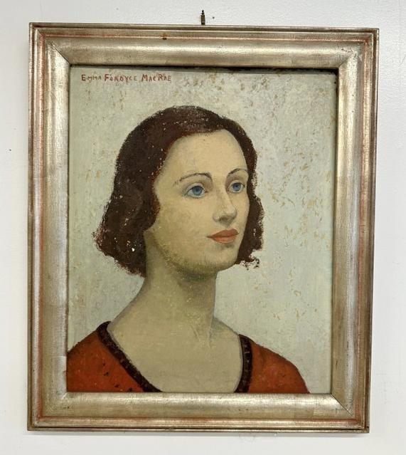 Emma Fordyce MacRae (1887 - 1974) gouache on board female portrait in frame of the period, circa: Emma Fordyce MacRae (1887 - 1974) gouache on board female portrait in frame of the period, circa 1930's, signed upper left corner as pictured. The painting measures 17" x 14". We are selling (6) paint