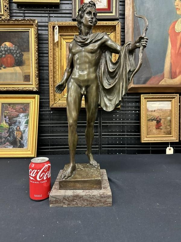 Bronze sculpture of APOLLO ( God of the Sun ), on brownish marble base, nice patina, ( Signed A. (1 of 6)