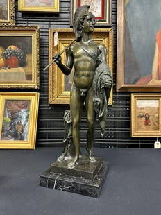 Jason with the Golden Fleece bronze statue, on black marble base. ( signed on back A. CARRIER ), in: Jason with the Golden Fleece bronze statue, on black marble base. ( signed on back A. CARRIER ), in nice estate condition, nice patina, measures 25 1/2" tall. From fine Chester, New York estate.