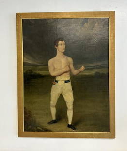 19th c (?) o/c painting of Boxer ( Deaf Burke (Champion of England) unsigned, with labels on back as: 19th c (?) o/c painting of Boxer ( Deaf Burke (Champion of England) unsigned, with labels on back as pictured. At one time sold through Lord & Taylor, as pictured. The painting measures 24 1/2" x 19 1