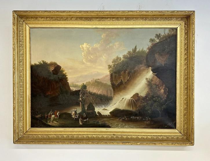 19th c o/c landscape with waterfalls on right and gathering of peope on left side with two people on (1 of 6)