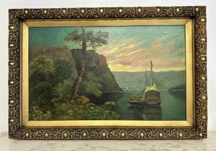 19th c o/c landscape with water in foreground with sailboat and mountains in background, signed ( (1 of 4)