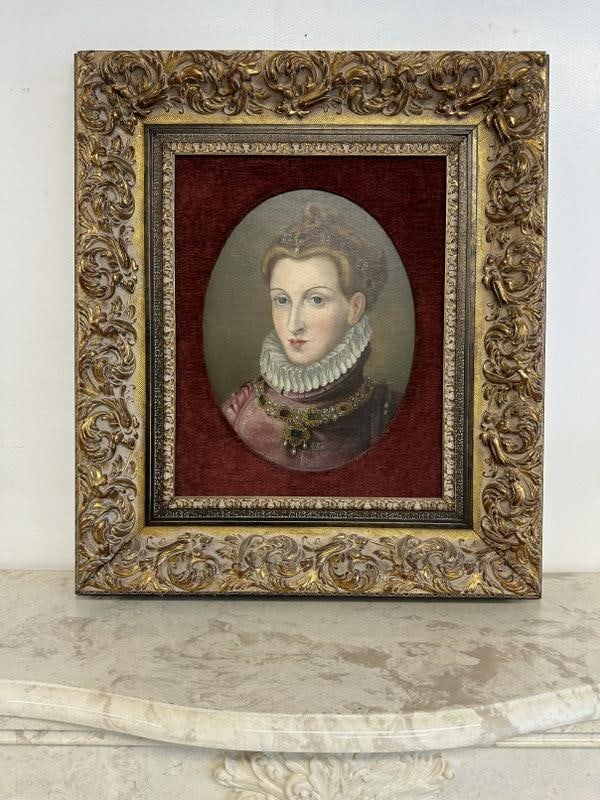 18th c (?) o/c portrait of well to do woman with jeweled necklace and in her hair, possibly Royalty (1 of 5)