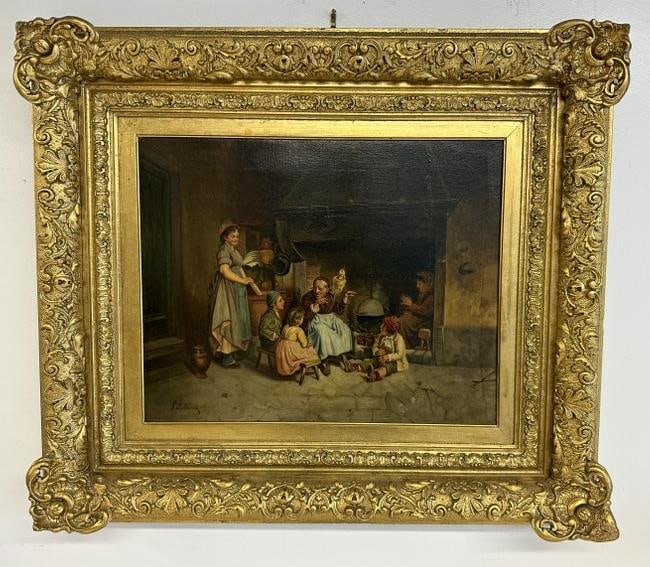 Pietro Saltini (1839 - 1908) o/c Grandmother sitting around the fireplace with children telling a (1 of 4)