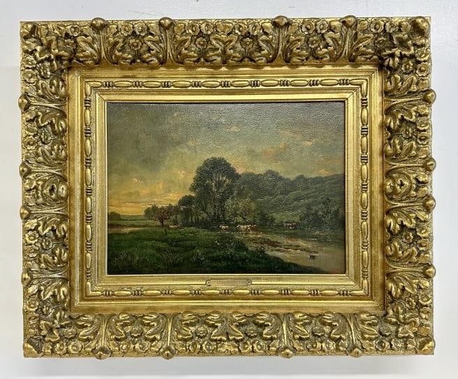 Charles Francois Daubigny (1817 - 1878)  o/c landscape with cows grazing by stream, Artist signed (1 of 7)