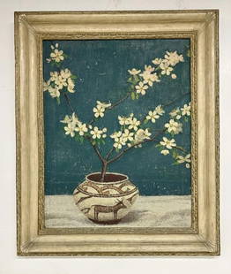 Emma Fordyce MacRae ( 1887-1974 ) o/c still life with dogwood or cherry blossom in Indian pottery: Emma Fordyce MacRae ( 1887-1974 ) o/c still life with dogwood or cherry blossom in Indian pottery bowl. Signed upper left as pictured. In beautiful carved frame with ( LOUVRE Frame Co. NYC frame ). Th