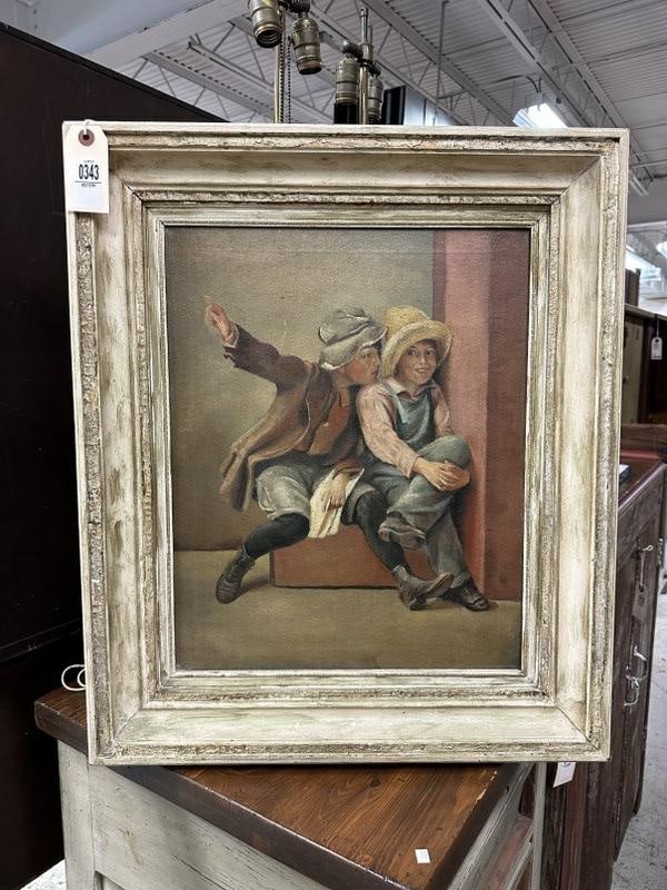 19th c o/c boy and girl playing around on steps, unsigned, nice estate condition, in painted white: 19th c o/c boy and girl playing around on steps, unsigned, nice estate condition, in painted white frame of the period. Painting measures 20" x 16", the frame measures 27" x 23".