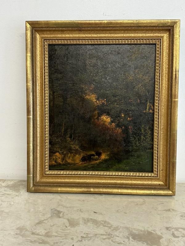 19th c impressionist landscape on wood panel, signature looks like ( A. West ), in later frame, from (1 of 3)