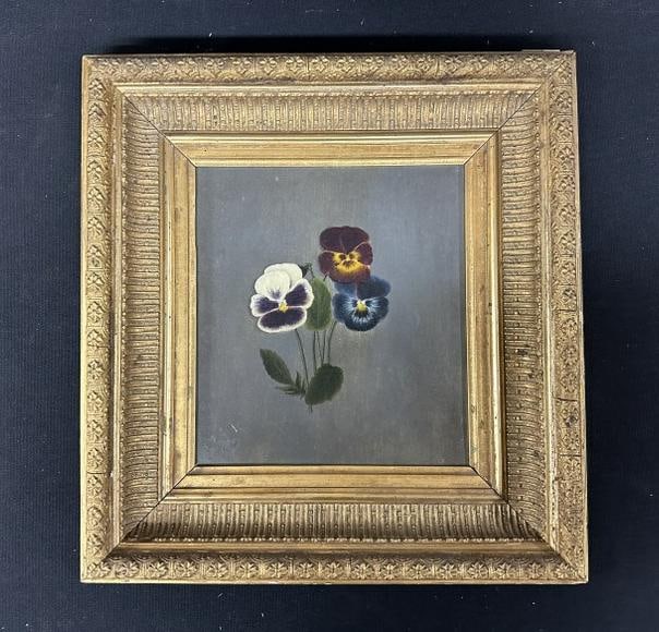 Victorian period o/b floral still life of pansies, unsigned, in nice frame of the period. The (1 of 3)