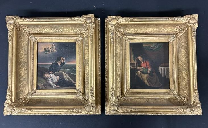 Pair 19th c o/c paintings of Sailor and family, both same size and in matching period frames. (1 of 8)