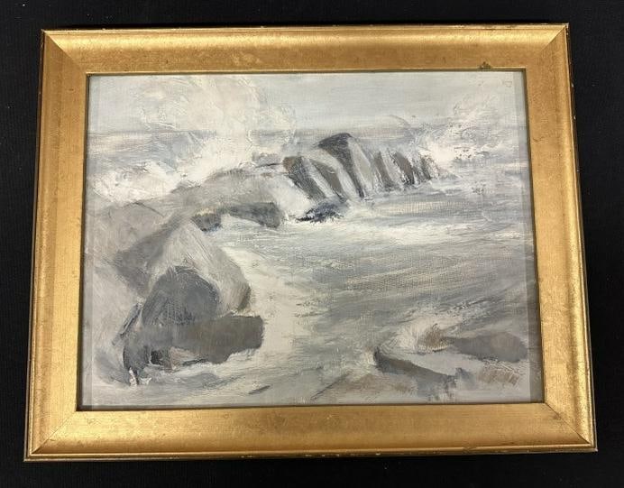 Robert Henry Angeloch (1922 - 2011) untitled o/b (Monhegan ) circa 1960's, painting measures 12" x: Robert Henry Angeloch (1922 - 2011) untitled o/b (Monhegan ) circa 1960's, painting measures 12" x 16", in contemporary frame. ( has Estate stamp on back as pictured ). From fine Kingston, N.Y. estate