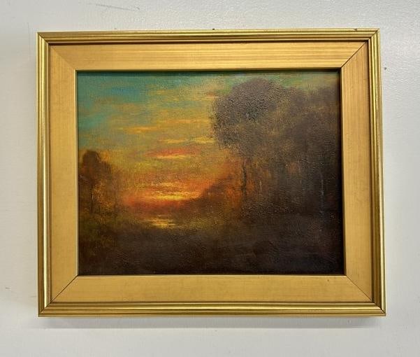 Circa 1920's o/b impressionist landscape with bright sky in background, signed illegibly in lower (1 of 3)