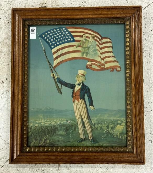 WW I print with Uncle Sam titled on bottom ( THE LOVE OF FREEDOM ), in oak frame of the period,: WW I print with Uncle Sam titled on bottom ( THE LOVE OF FREEDOM ), in oak frame of the period, dated 1917, in fine condition. Print measures 20" x 16", the frame measures 25" x 21".