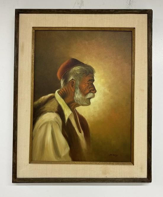Drago Ivanisevic o/c portrait of man wearing fez like cap, titled on back ( Old Shepard Man ). From: Drago Ivanisevic o/c portrait of man wearing fez like cap, titled on back ( Old Shepard Man ). From local estate, painting measures 24" x 18", in nice condition. ( Croatian ).