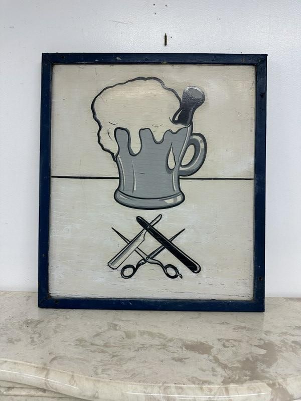 Folkart circa 1940's Barbershop wood sign, with razor, scissors & shaving mug, found locally in (1 of 2)