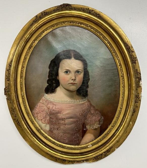 19th c o/c portrait of young girl in pink dress, in gold frame of the period. The frame has piece: 19th c o/c portrait of young girl in pink dress, in gold frame of the period. The frame has piece off on the bottom, painting is unsigned, from Hudson Valley estate. Painting measures 20" x 16", the f