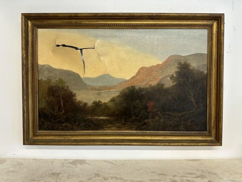 19th century o/c landscape in as found condition, with large tear, as pictured, from Hudson Valley (1 of 3)