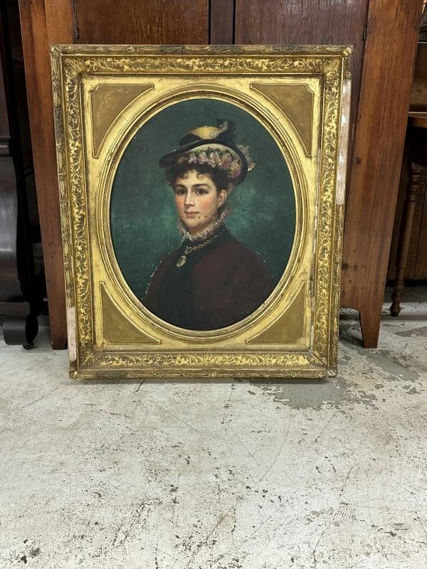 19th century o/c portrait of woman in fancy hat, in frame of the period, the painting has flaking (1 of 4)